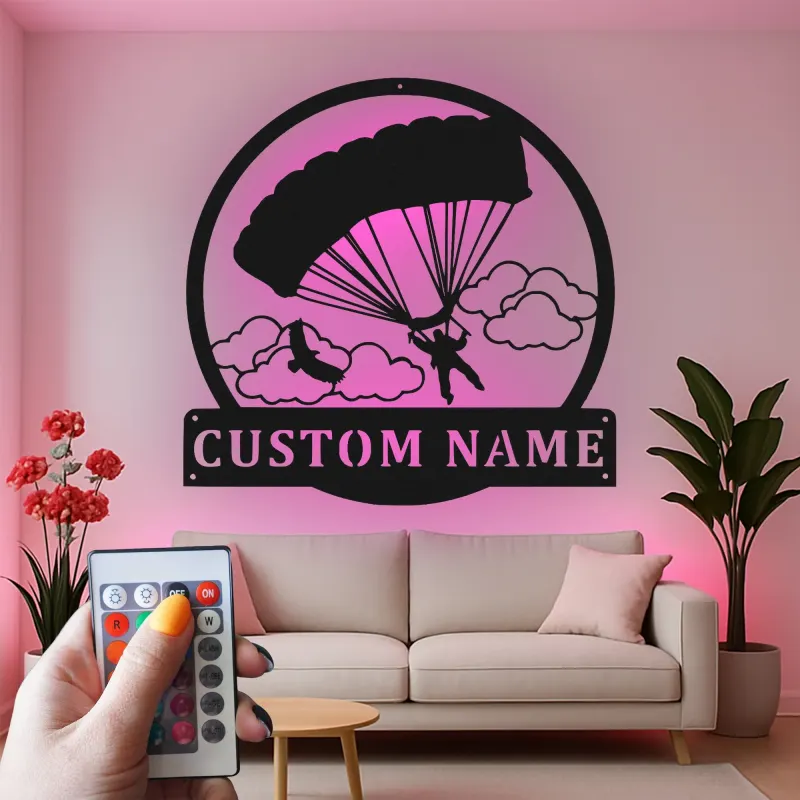 Personalisierte Skydiving LED-Leuchte | Individuelles Metallschild | Beleuchtete Fallschirmspringer-Silhouette | Geschenk für Abenteuerliebhaber