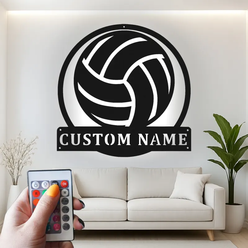 Personalisierte Metall-Wandkunst mit Volleyball und LED-Beleuchtung – Geschenk für Volleyballspieler, Dekoration für Spielzimmer oder Sportbereich