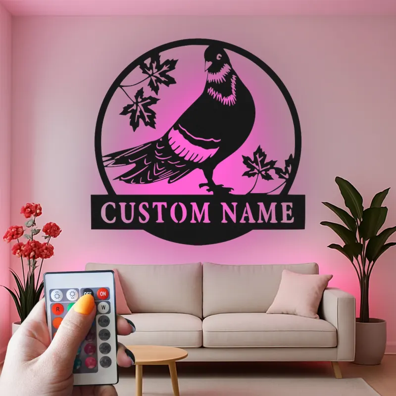 Personalized Pigeon LED Sign | Custom Metal Bird Art | Rock Dove Silhouette Wall Decor | Gift for Bird Lovers