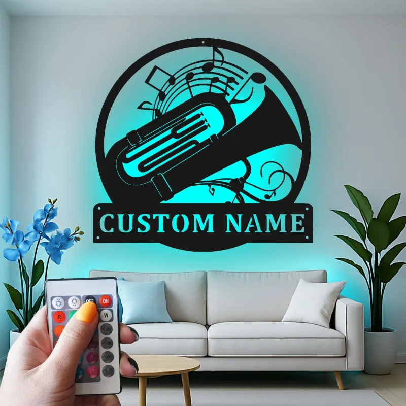 Insegna in metallo personalizzata con tuba LED - Regalo per musicisti - Decorazione per amanti della musica