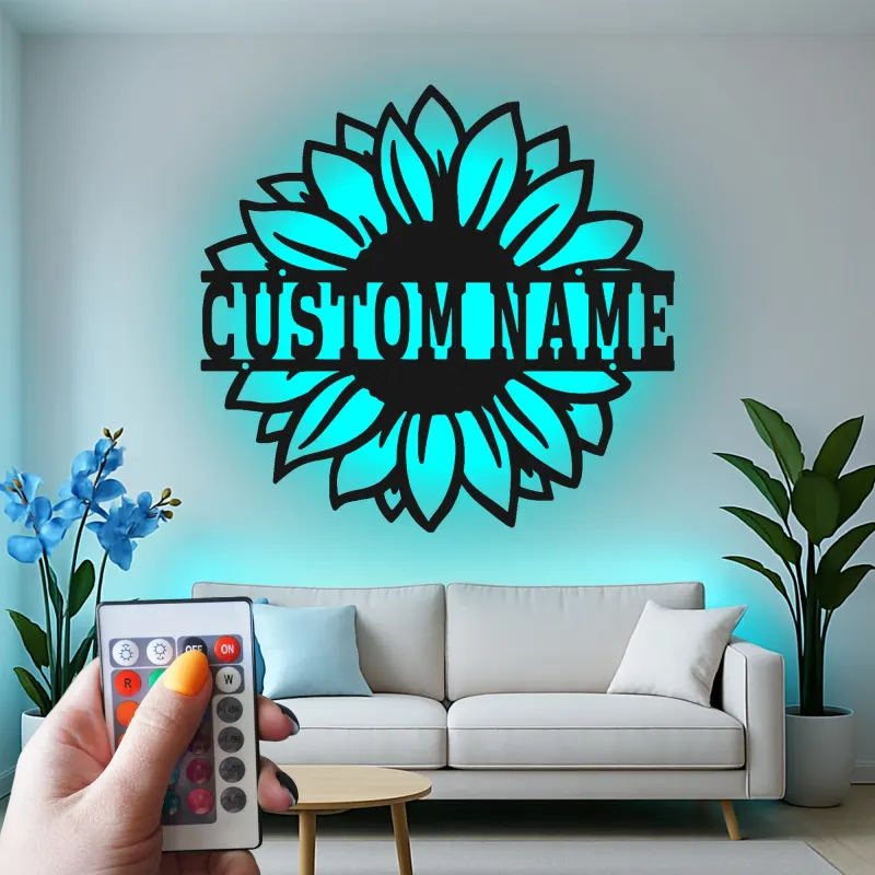Cartel de metal personalizado con girasol | Arte mural floral retroiluminado por LED | Decoración personalizada para mamá | Pieza de acento rústica para el dormitorio