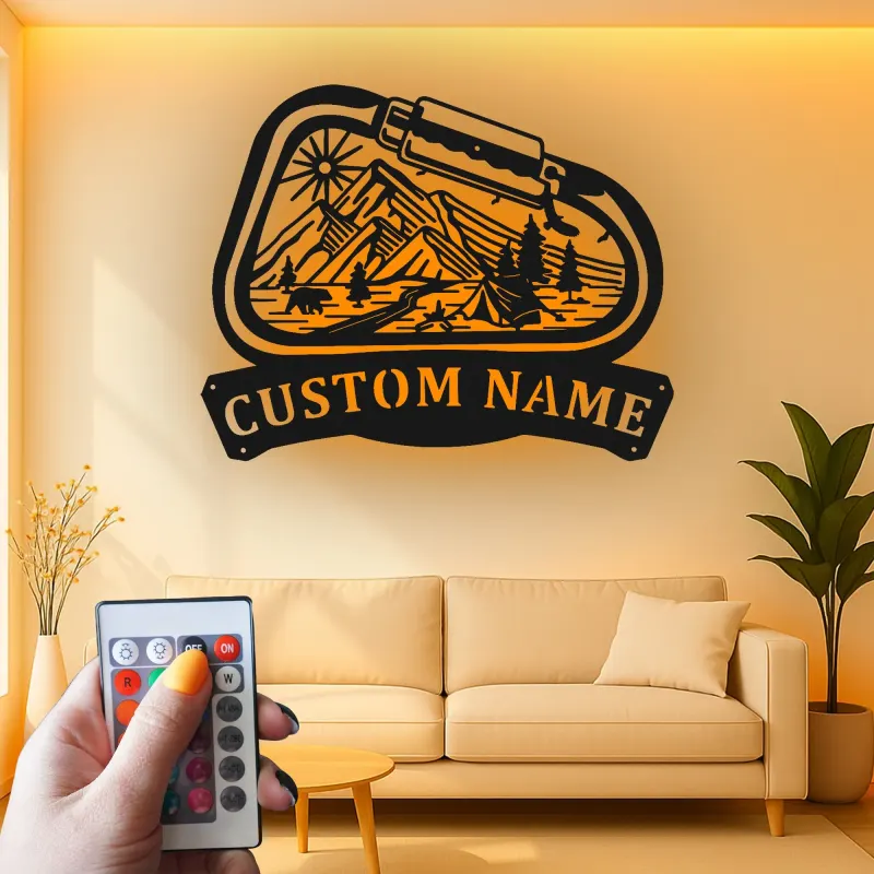 Cartel de metal LED personalizado de camping en montaña regalo para entusiastas del aire libre decoración de cabaña o campamento