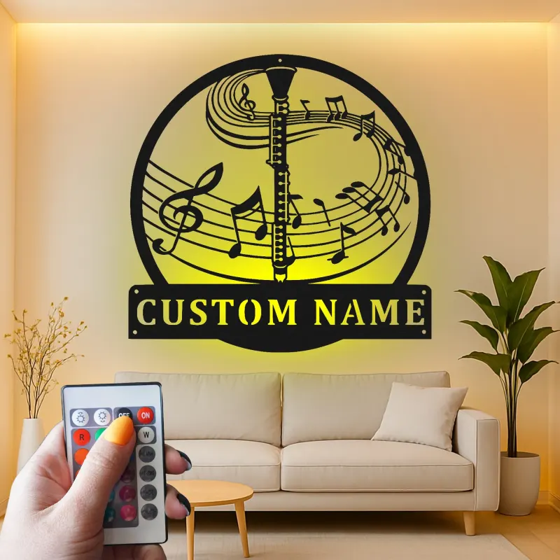 Insegna in metallo personalizzata con note musicali LED per clarinetto - Regalo per musicisti, decorazione per stanze musicali