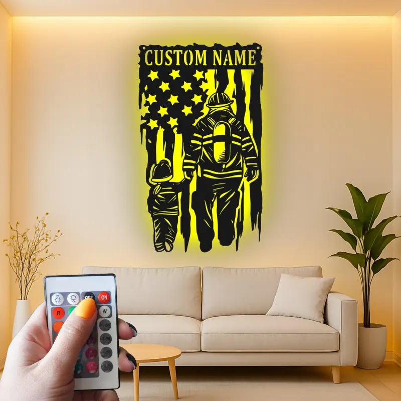 Cartel LED de Bombero Personalizado | Arte Mural de Metal Personalizado | Decoración Patriótica de Bombero para Papá | Regalo de Héroe Americano