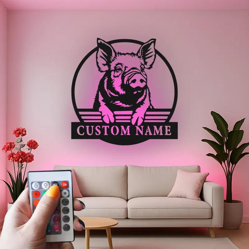 Cartel LED de cerdo personalizado | Arte mural de animal de granja personalizado | Decoración de granero y cocina retroiluminada | Regalo para agricultor