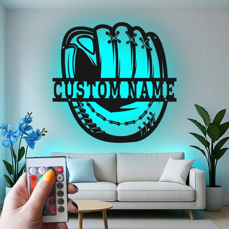 Insegna in metallo personalizzata con luce LED per guanto da baseball - Regalo personalizzato per appassionati di baseball e decorazione per stanze sportive