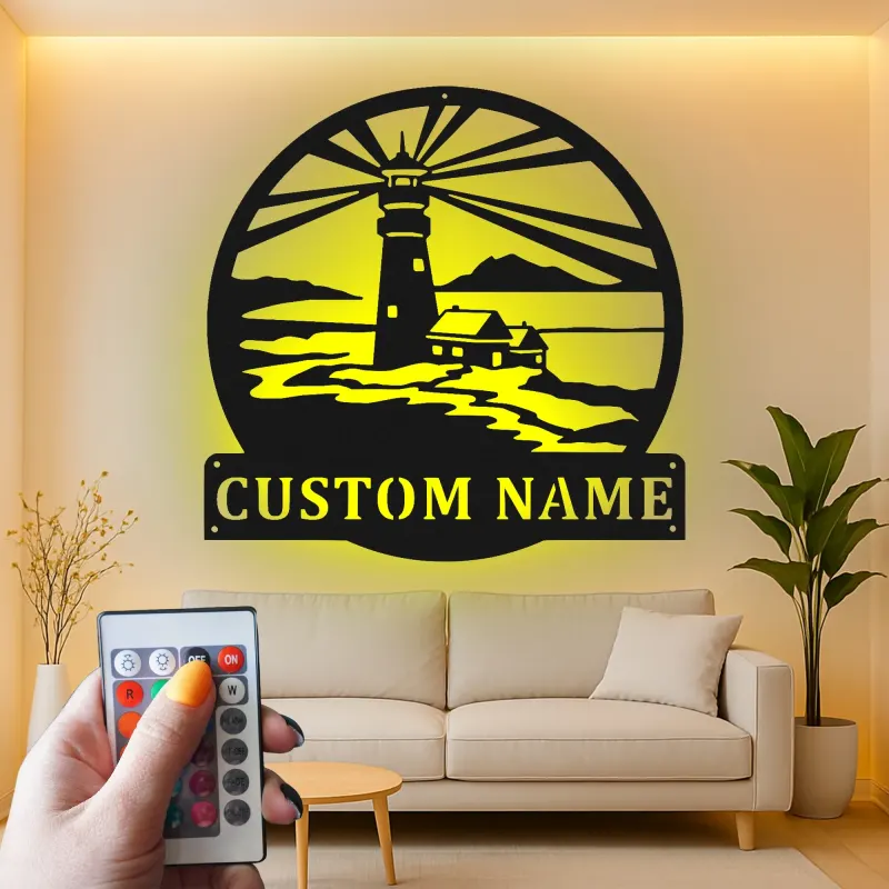 Custom LED Lighthouse Metal Sign | Personalized Coastal Wall Art | Nautical Home Decor | Beach House Gift | Lighted Ocean Scene