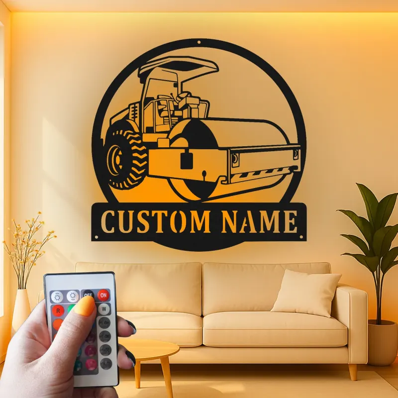 Enseigne de construction Rouleau de route | Décoration murale en métal LED personnalisée | Décor de machines lourdes pour garage ou bureau