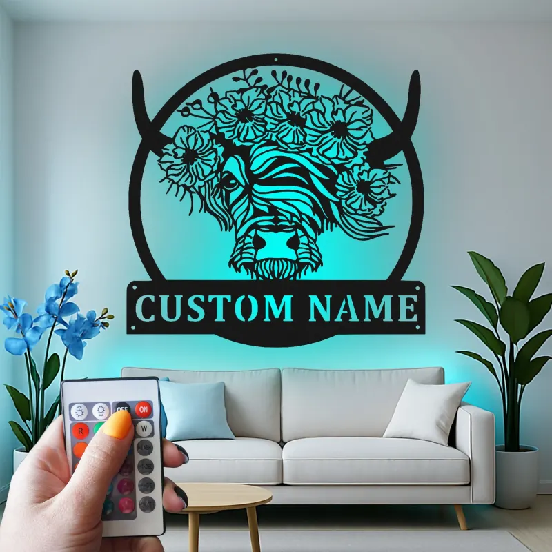 Custom Highland Cow LED Sign | Floral Metal Wall Art for Farmhouse Decor | Personalized Rustic Gift for Cow Lover