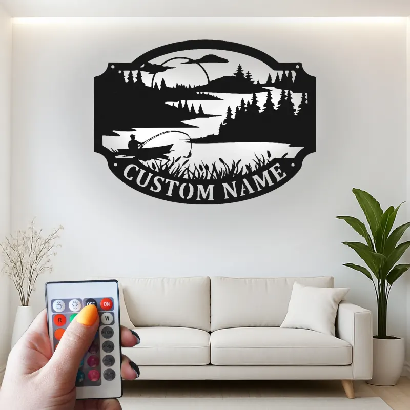 Personalized Fishing Sign with LED Lights | Custom Name Metal Wall Art | Fisherman Lake House & Cabin Decor | Outdoor Lover Gift