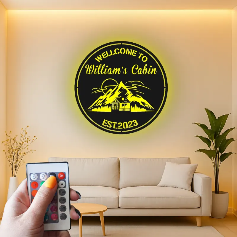 Custom Mountain Cabin Led Light Metal Wall Art Personalized Housewarming Gift Rustic Cabin Decor