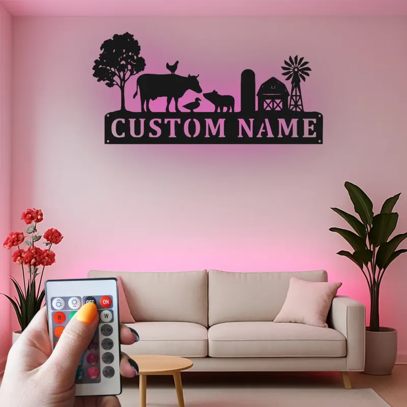 Insegna personalizzata per fattoria con luci LED | Decorazione murale in metallo personalizzata | Arredo da fienile per regalo casa di ranch
