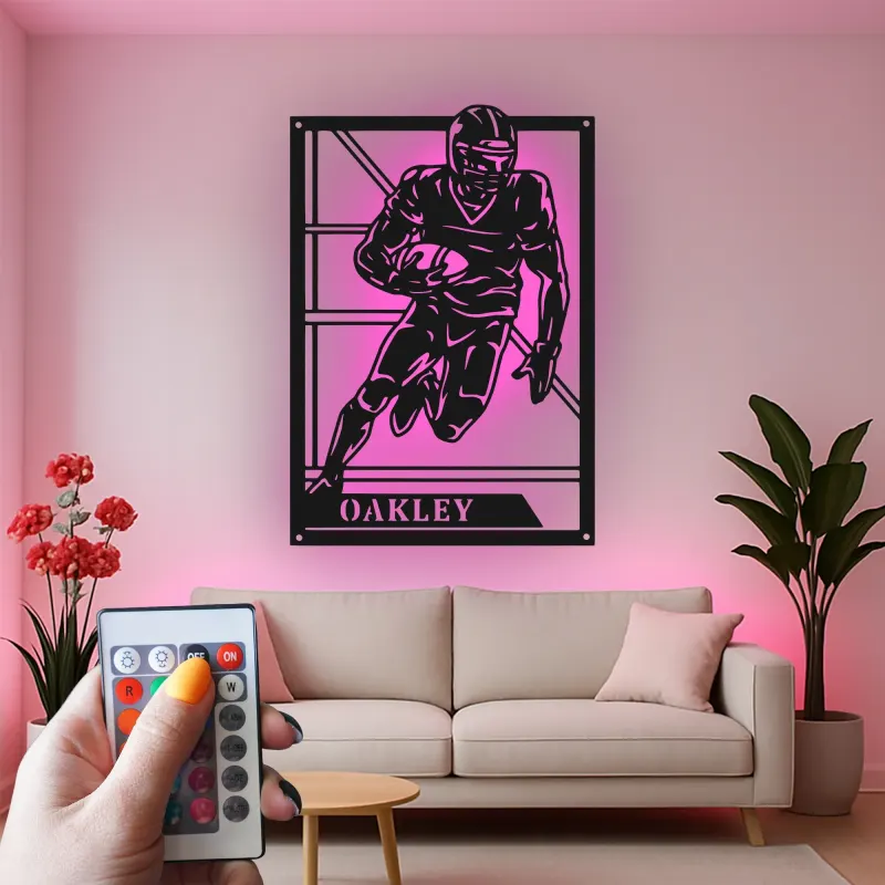 Panneau personnalisé de joueur de football américain | Décoration murale en métal LED | Décor avec prénom personnalisé pour salle de jeux | Cadeau pour sportif