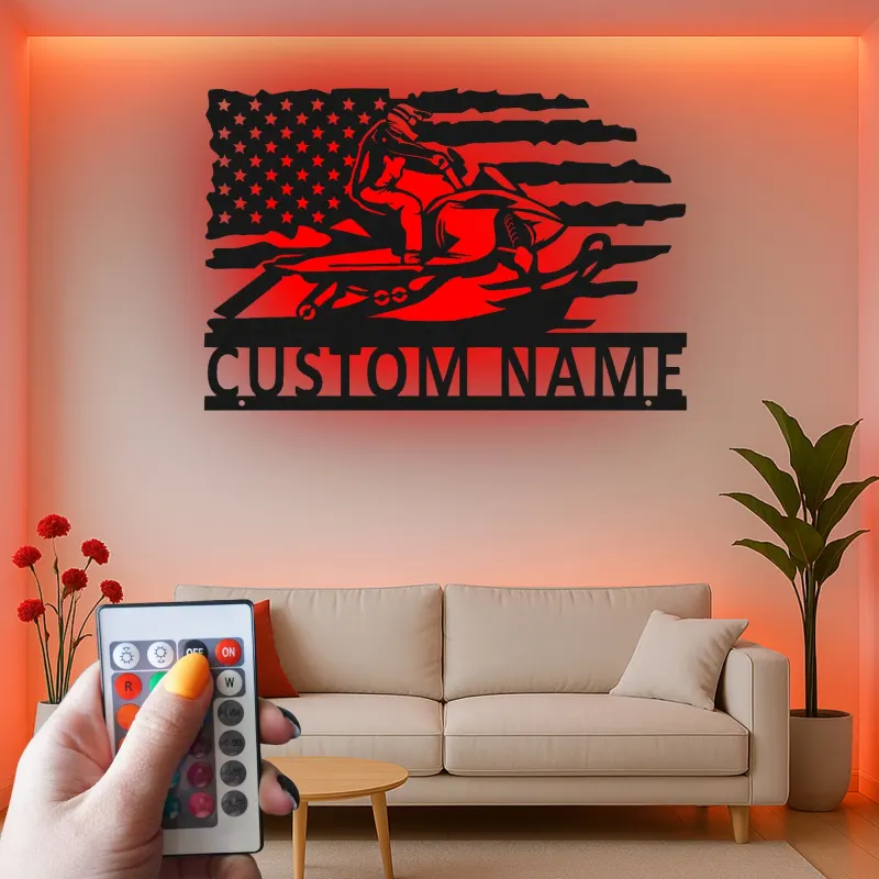 Custom Snowmobile Metal Sign | Personalized American Flag LED Art | Winter Sports Decor for Garage | Snowmobiler Gift for Him
