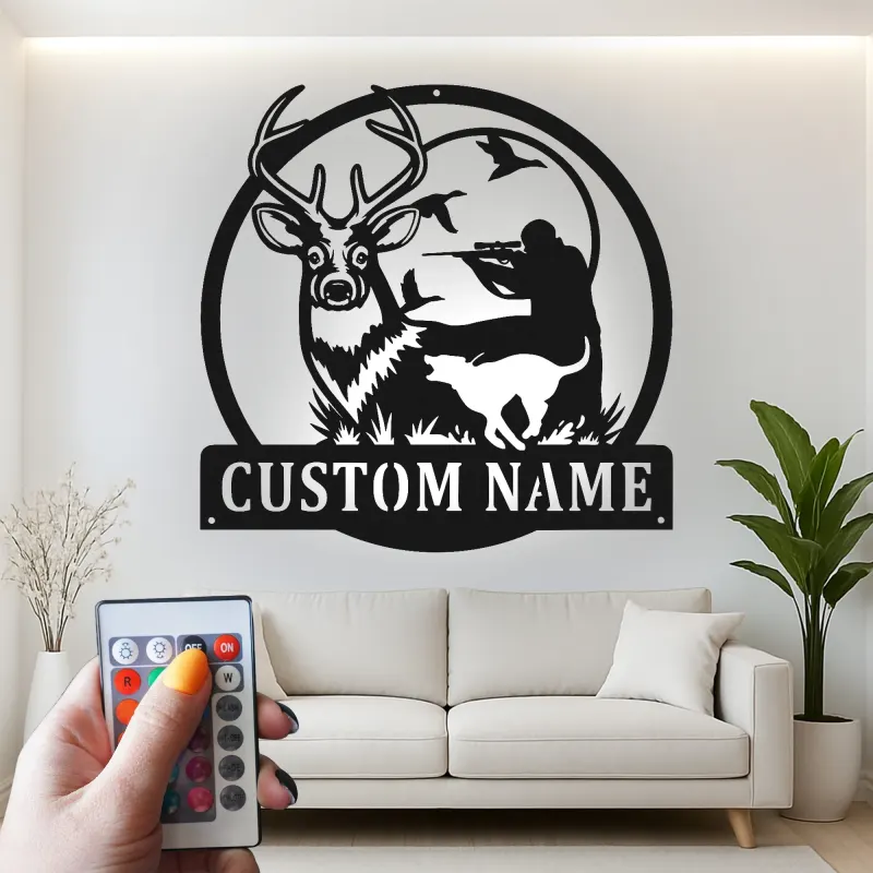 Personalisierte LED-Beleuchtung Metall-Wandkunst für Jäger und Rehe – Geschenk für Outdoor-Enthusiasten, Man Cave Jagd Dekor