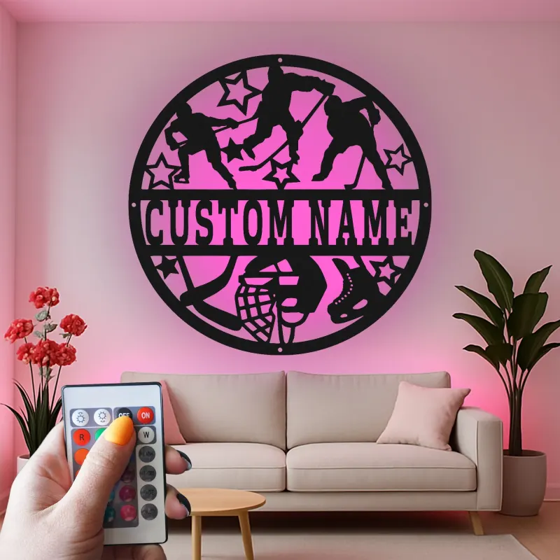 Decoración mural LED de hockey personalizada | Cartel de metal con nombre personalizado | Regalo para jugador de hockey | Decoración para habitación infantil y cueva masculina