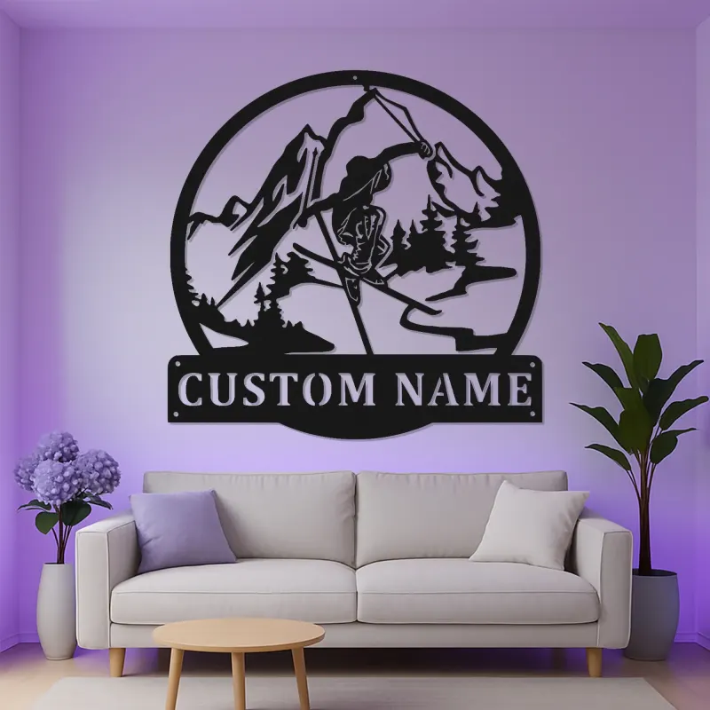 Custom Skiing Metal Wall Art | LED Lighted Mountain Sign for Cabin Decor | Personalized Winter Sports Gift for Skiers