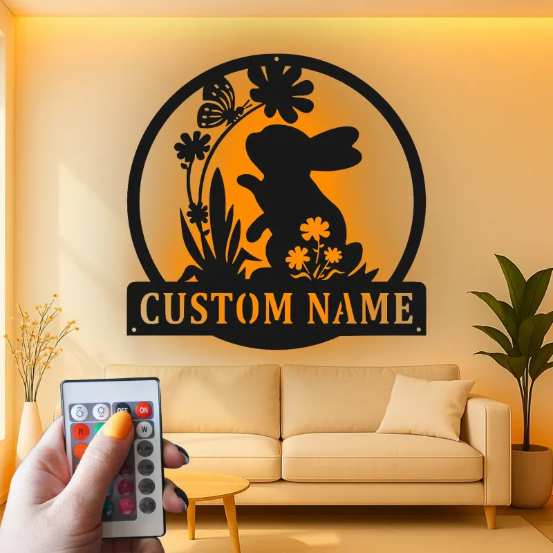 Insegna in metallo LED personalizzata con coniglio e farfalla, regalo per nursery, decorazione per stanza dei bambini