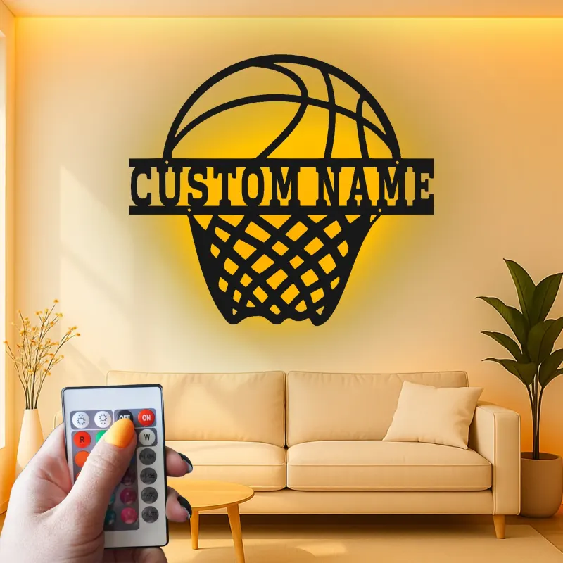 Cartel de metal personalizado de aro de baloncesto con luz LED, regalo deportivo personalizado para atletas, decoración para sala de juegos