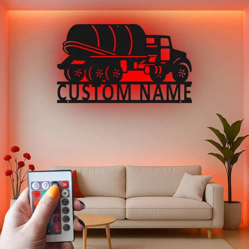 Custom Cement Mixer Truck Led Light Metal Wall Art Personalized Gift for Truck Enthusiasts Garage Wall Decor