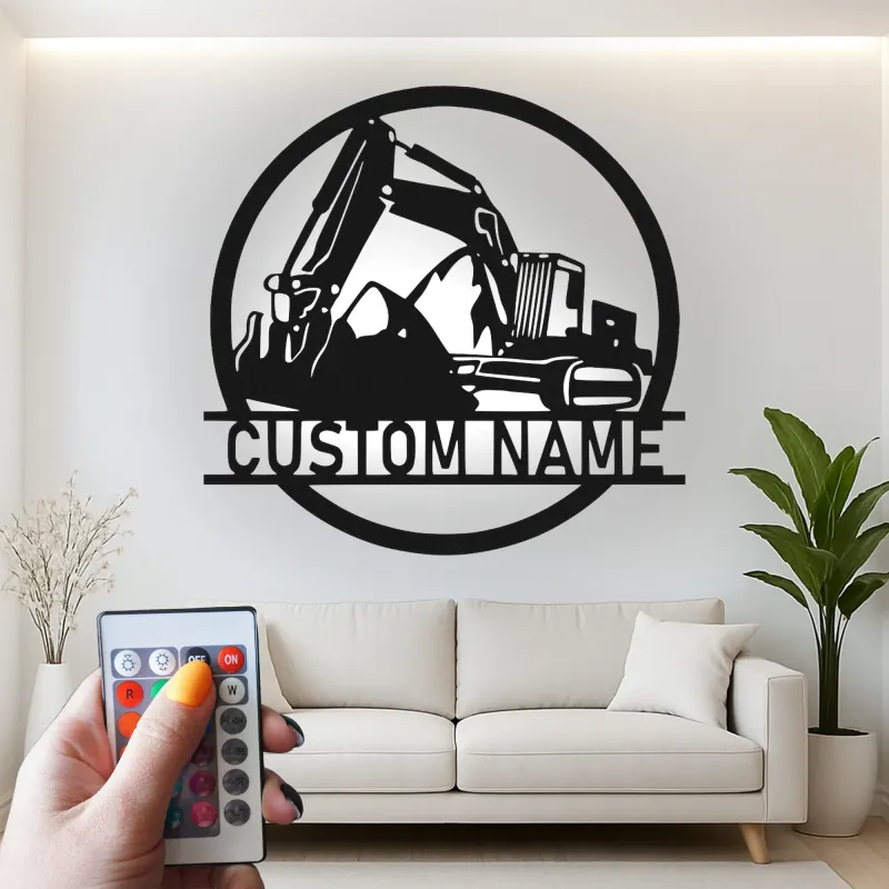 Cartel de metal LED personalizado de excavadora para regalo de construcción para él, decoración de garaje u oficina 1