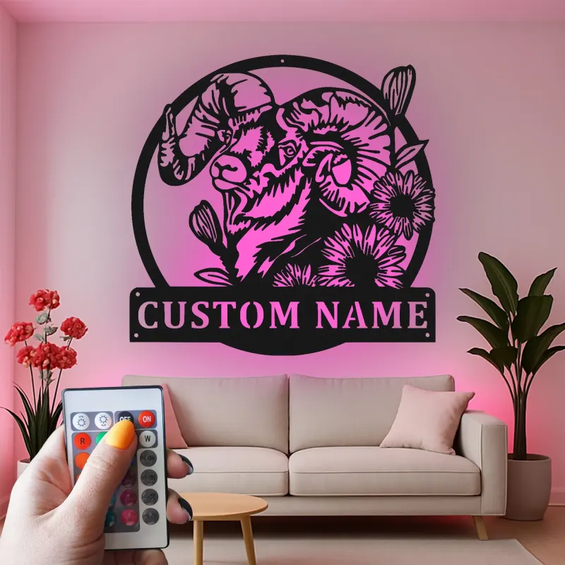 Custom Ram Led Light Metal Wall Art Personalized Gift for Nature Lovers Rustic Home Decor