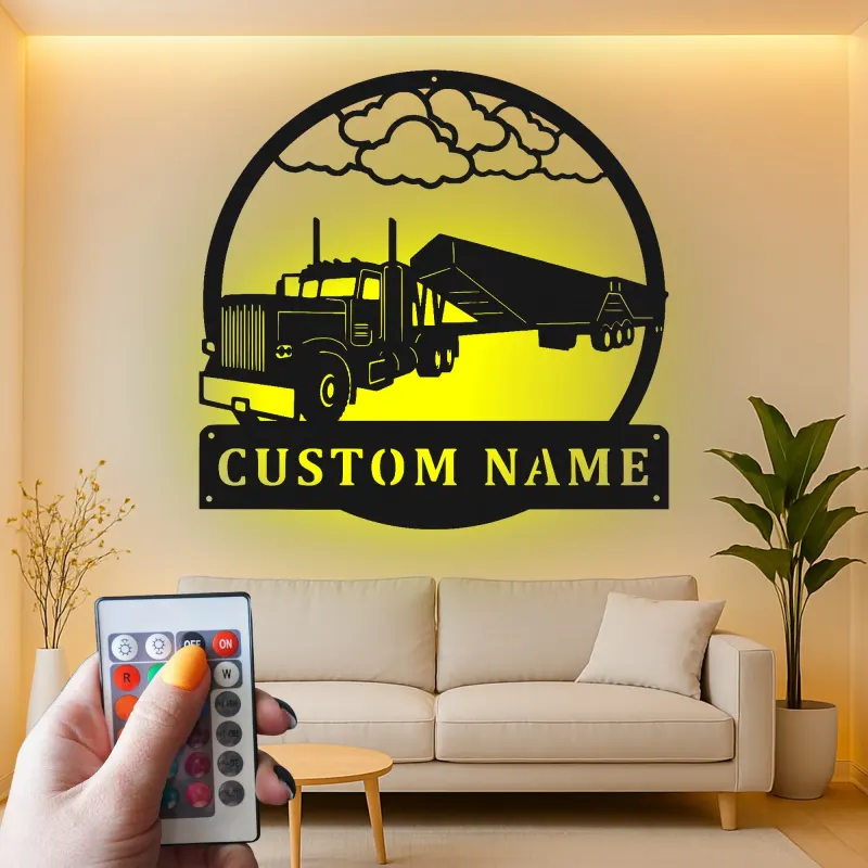 Insegna in Metallo per Camion Semi Personalizzata | Arte Murale LED per Garage o Man Cave | Regalo Personalizzato per Camionisti | Decorazione Silhouette Hauler