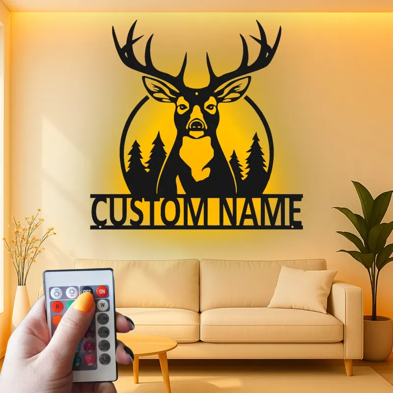 Décoration murale en métal personnalisée Silhouette de Cerf avec Rétroéclairage LED Cadeau Personnalisé pour Chasseurs Décor de Chalet Rustique