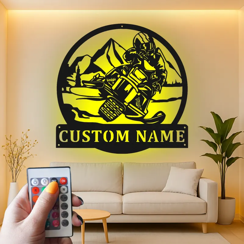 Cartel LED de piloto de moto de nieve personalizado | Arte mural de metal personalizado | Regalo de aventura en montaña para amantes de la moto de nieve