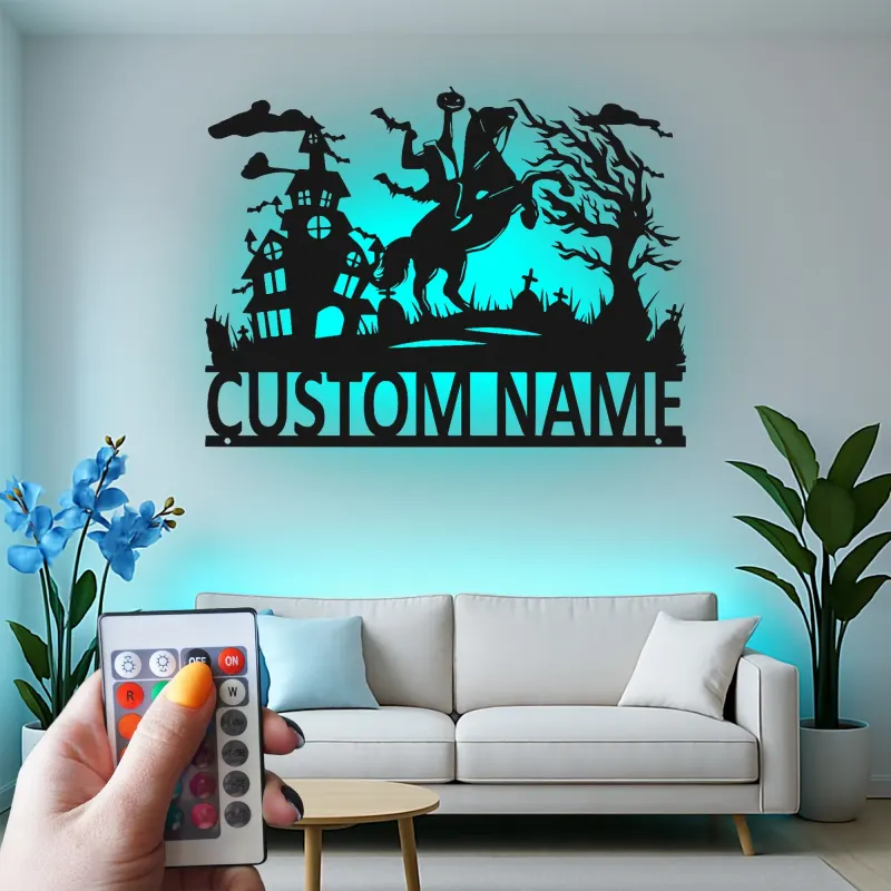 Headless Horseman Metal Sign with LED | Custom Halloween Decor | Personalized Spooky Wall Art for Home & Porch