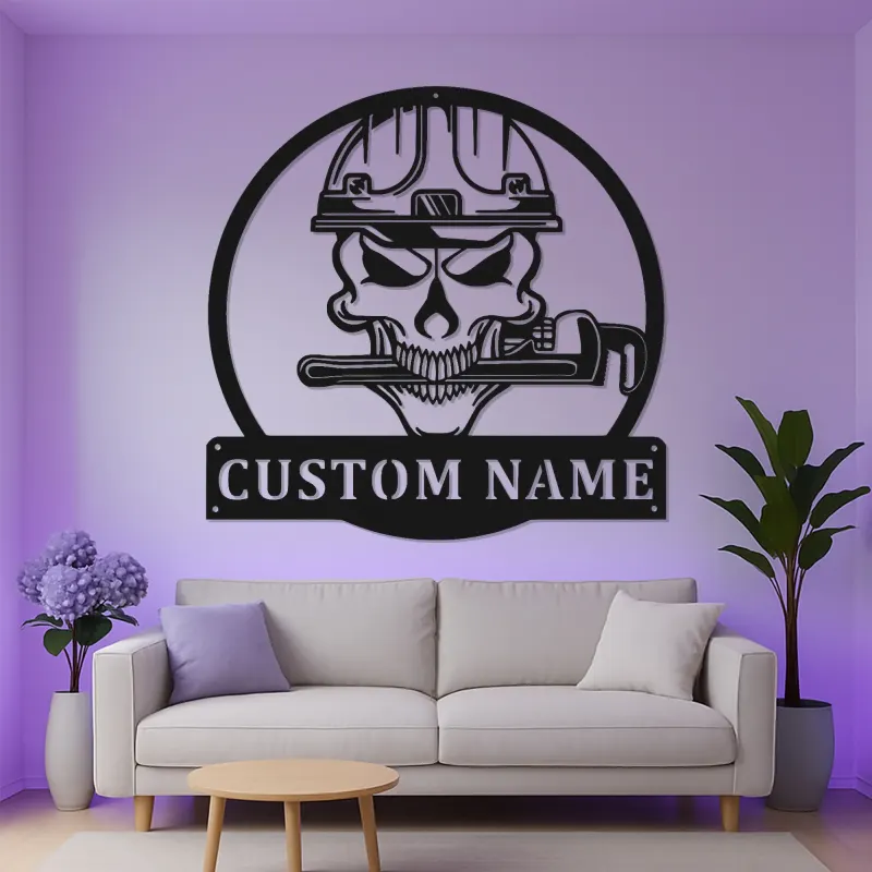 Panneau LED en métal Skull de plombier | Décoration murale personnalisée pour atelier | Décor de garage ou man cave | Cadeau pour artisans