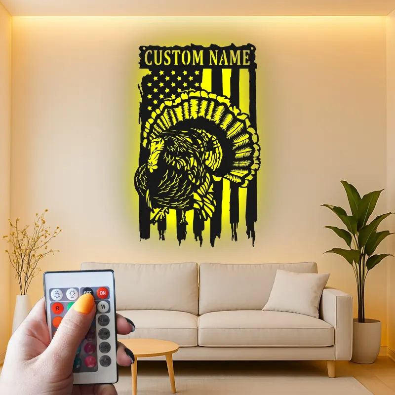 Personalisiertes LED-Metallschild mit Truthahn und amerikanischer Flagge