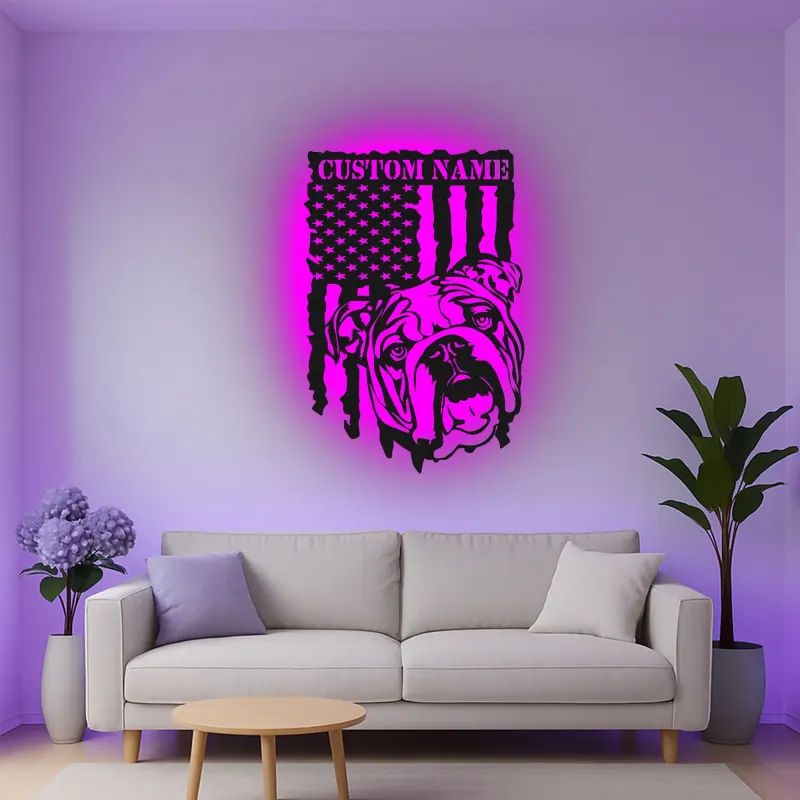 Décoration murale en métal personnalisée avec bulldog et drapeau américain éclairée LED - Cadeau pour amoureux des chiens, décoration intérieure patriotique