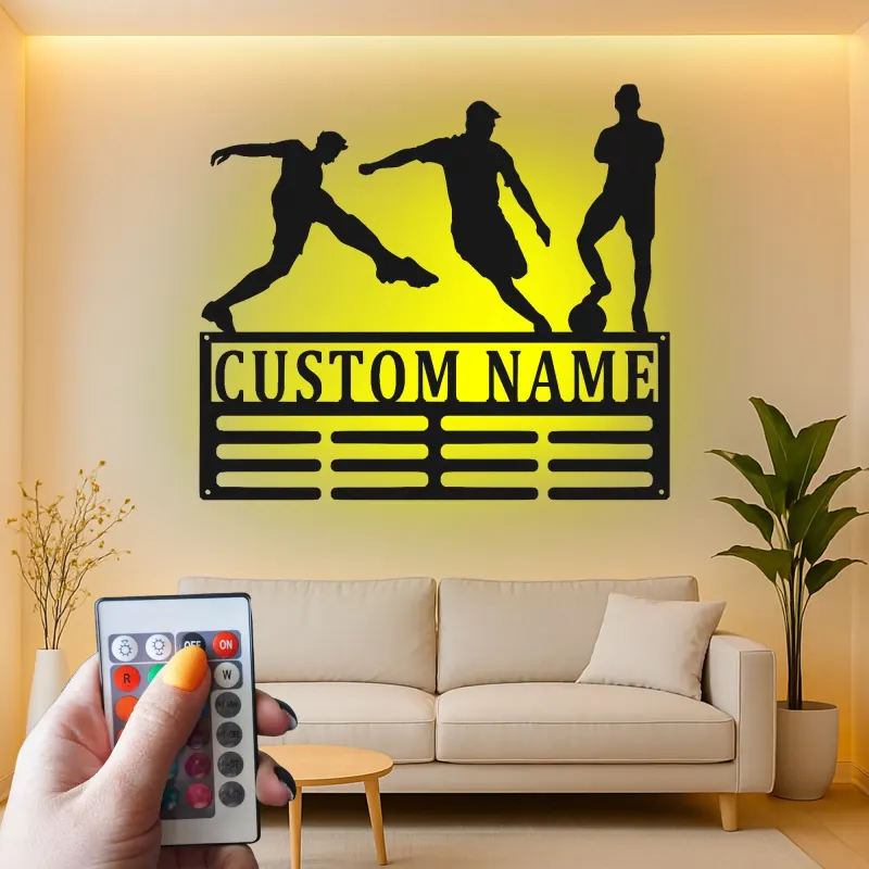 Insegna in Metallo Personalizzata per Calciatore | Arte Murale LED con Nome Personalizzato | Decorazione per Stanza di Gioco per Atleti | Regalo per Ragazzo Adolescente