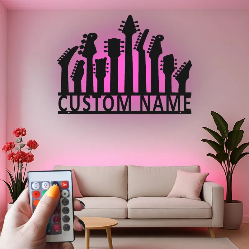 Panneau métallique personnalisé guitare avec LED | Décoration murale musicale sur mesure | Décoration murale en métal pour guitariste | Cadeau musicien