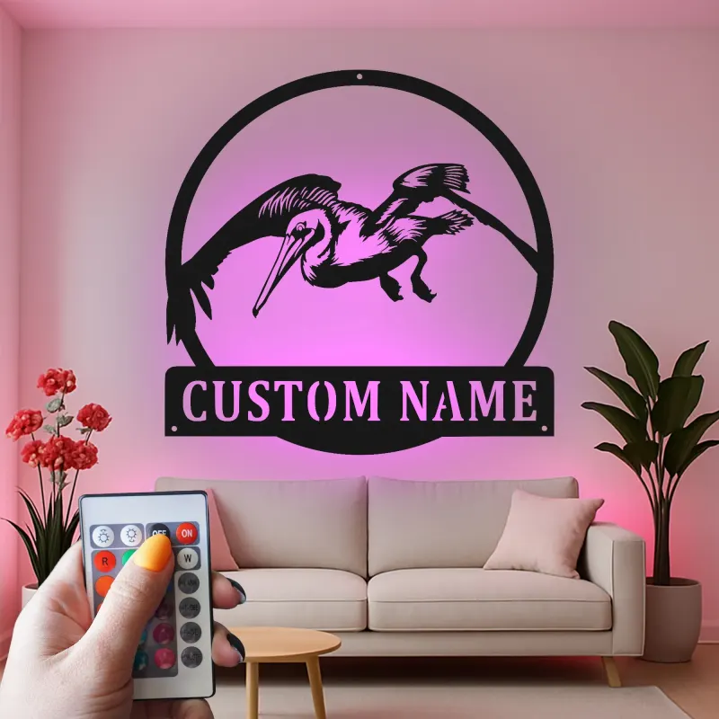 Panneau en métal personnalisé de pélican avec LED | Art mural côtier lumineux | Plaque nominative personnalisée pour maison de plage | Décoration d'oiseau nautique