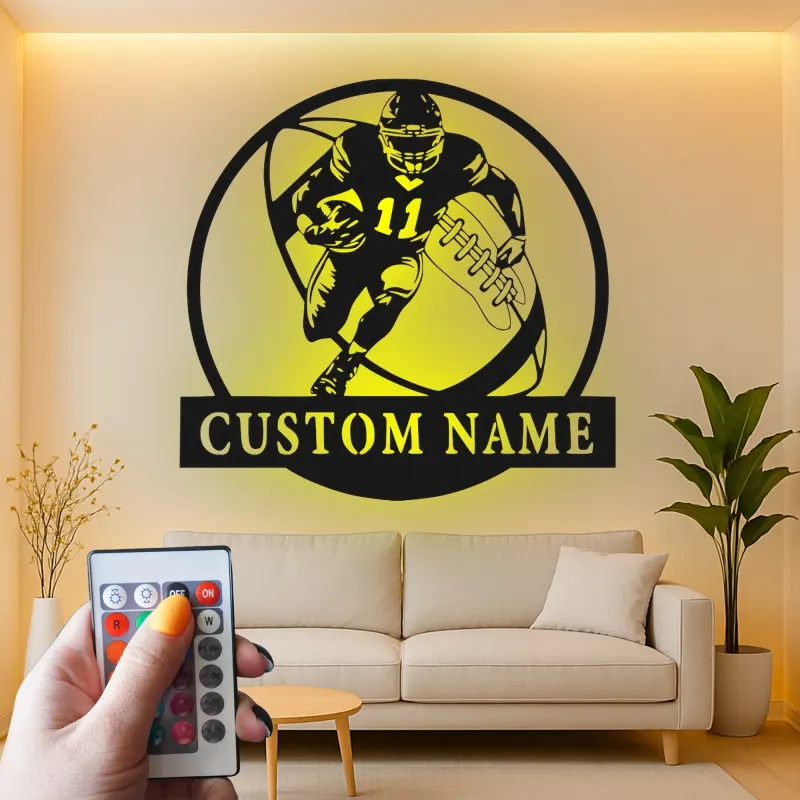 Insegna in metallo personalizzata per giocatore di football | Arte murale LED personalizzata | Decorazione con nome atleta per man cave e regalo per tifosi