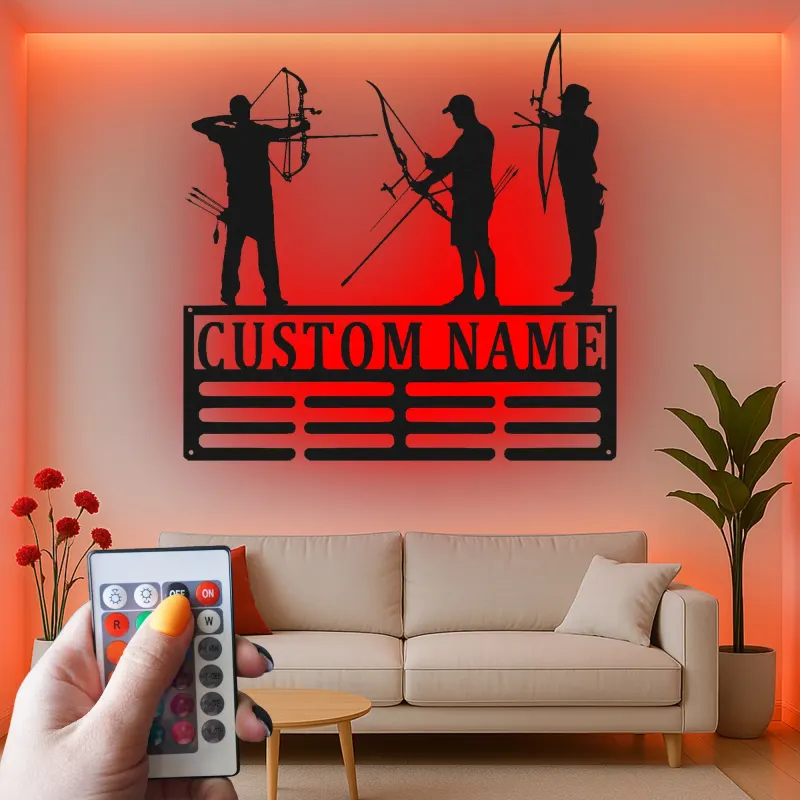 Cartel de metal personalizado con silueta de arquería y luz LED, regalo personalizado para arqueros, decoración para sala de juegos o man cave