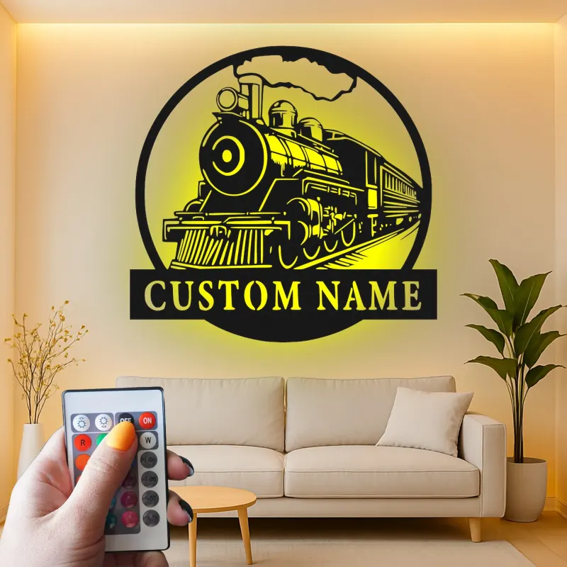 Décoration murale en métal personnalisée de train à vapeur avec rétroéclairage LED - Cadeau pour passionnés de trains, décoration pour man cave ou bureau
