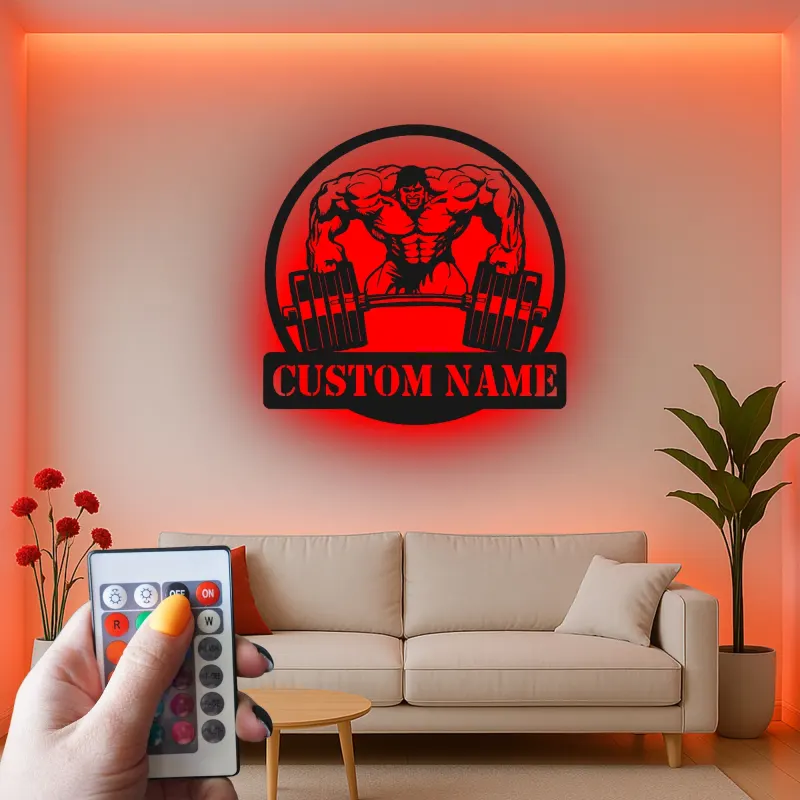 Insegna in metallo personalizzata con luce LED Bodybuilder regalo per appassionati di fitness decorazione per palestra