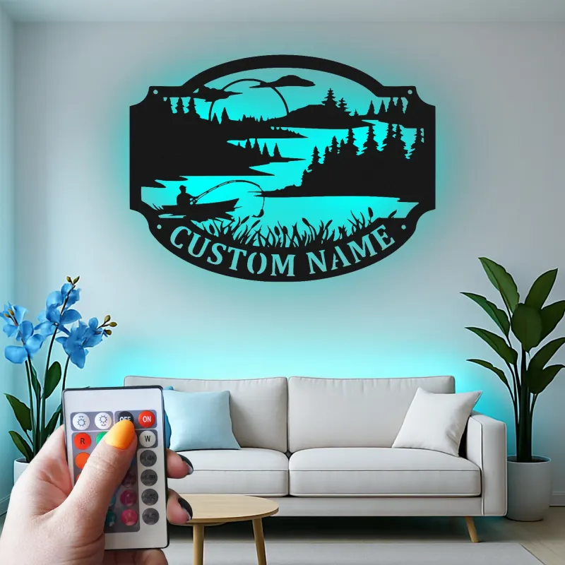 Personalized Fishing Sign with LED Lights | Custom Name Metal Wall Art | Fisherman Lake House & Cabin Decor | Outdoor Lover Gift