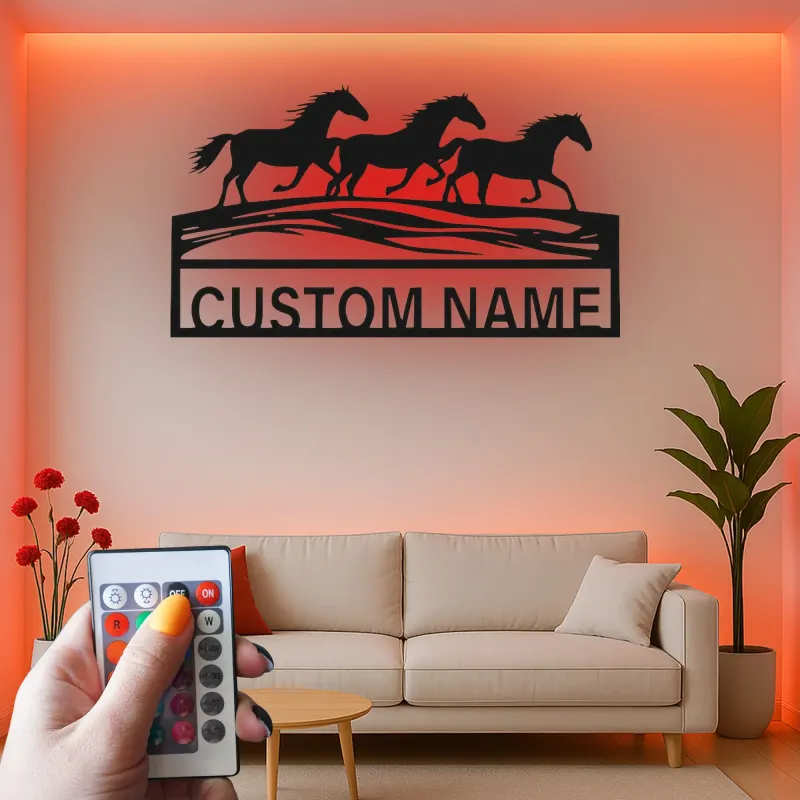 Running Horses Metal Wall Art | Custom LED Name Sign | Personalized Farmhouse & Ranch Decor for Horse Lovers
