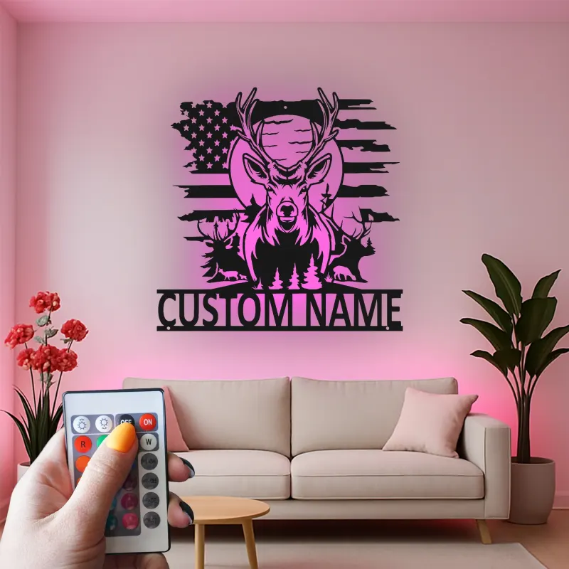 Insegna in metallo LED personalizzata con cervo e bandiera americana - Regalo personalizzato per cacciatori, decorazione rustica per cabin