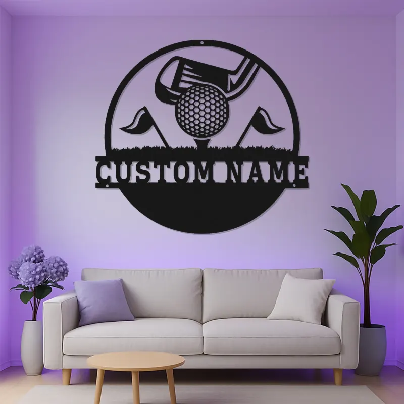 Panneau prénom de golf sur mesure avec lumières LED | Décoration murale en métal personnalisée | Cadeau pour golfeur | Décor man cave et bar sportif