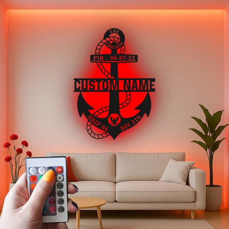 Custom Anchor LED Sign | Personalized Navy Family Gift | Metal Maritime Wall Art for Coastal Home Decor