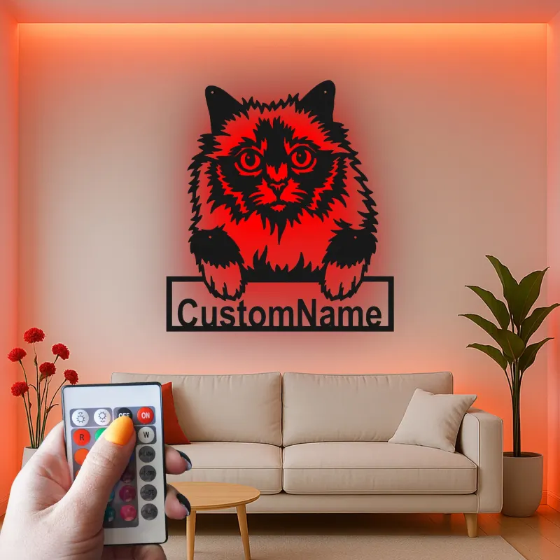 Cartel de metal LED de gato persa personalizado, regalo para amantes de mascotas, decoración para dormitorio o sala de estar