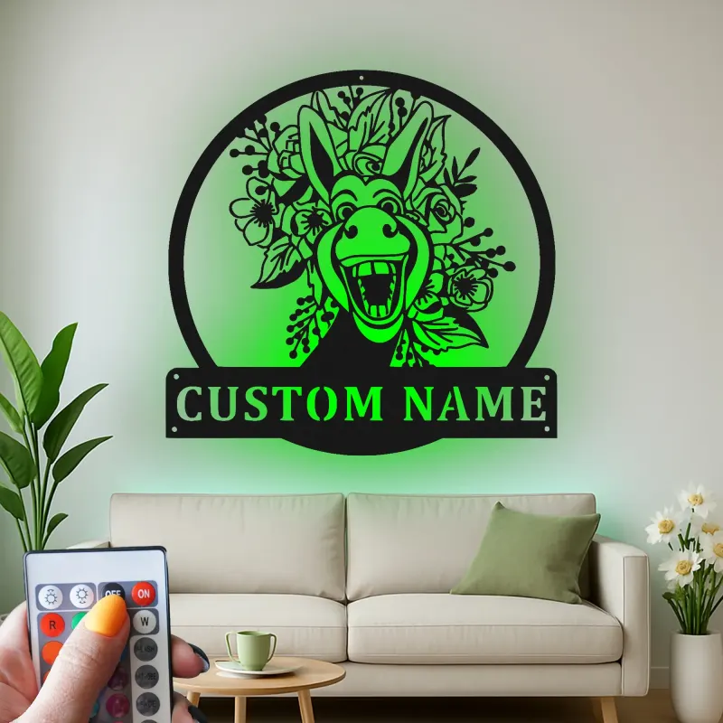 Insegna in metallo LED Donkey con Fiori Regalo Unico per Amanti degli Animali Decorazione Soggiorno o Giardino