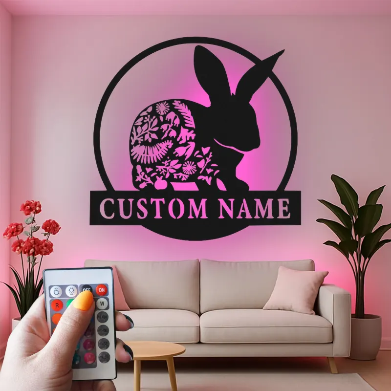 Personalized Bunny Name Sign | LED Metal Wall Art for Nursery | Boho Floral Rabbit Decor | Custom Kids Room Light & Animal Lover Gift