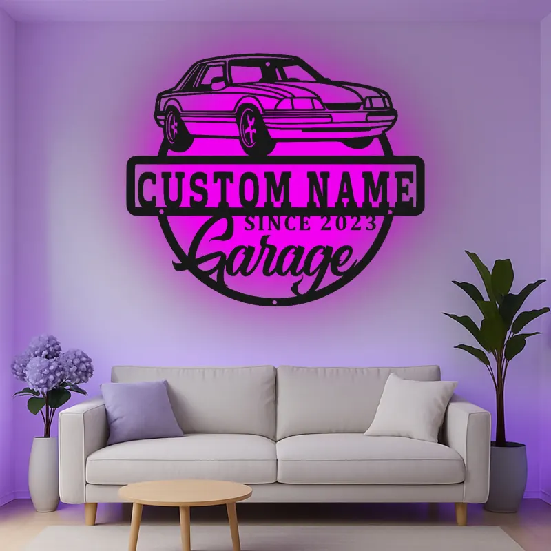 Insegna in metallo LED personalizzata per garage con auto - Regalo per appassionati di auto - Decorazione per pareti del garage 1