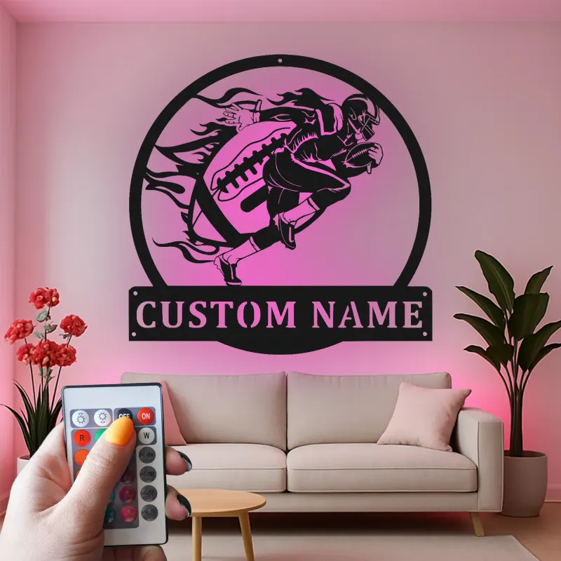 Cartel de metal personalizado de jugador de fútbol americano | Arte mural LED personalizado para habitación infantil | Regalo decorativo para deportistas en día de partido